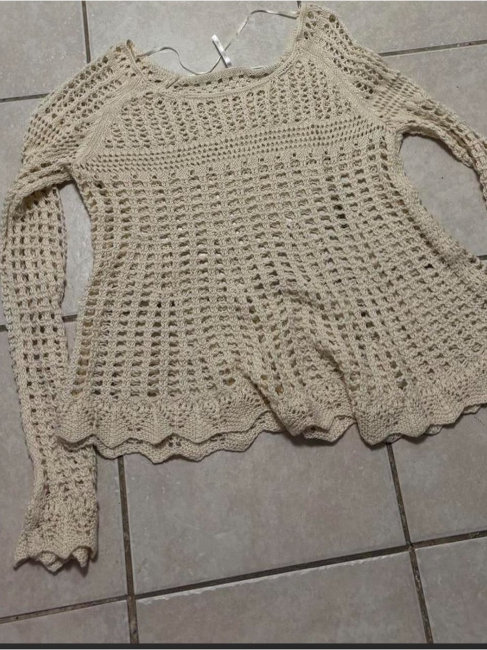 Free People Cream Crochet Open-Knit Scoop Sweater Top